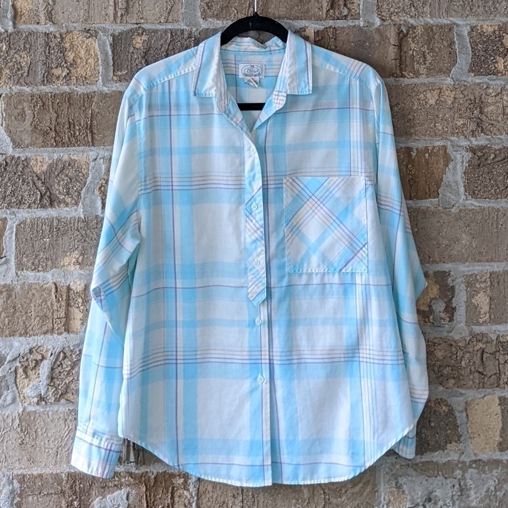 Vintage Light Blue White Plaid Button-Down Shirt